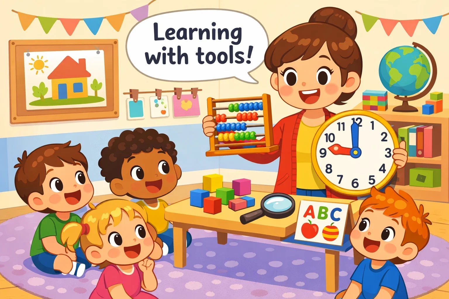 What modern teaching aids for preschoolers are in a bright classroom scene.