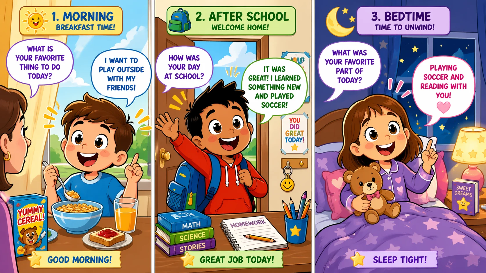 When to ask daily questions for kids during different moments of day.