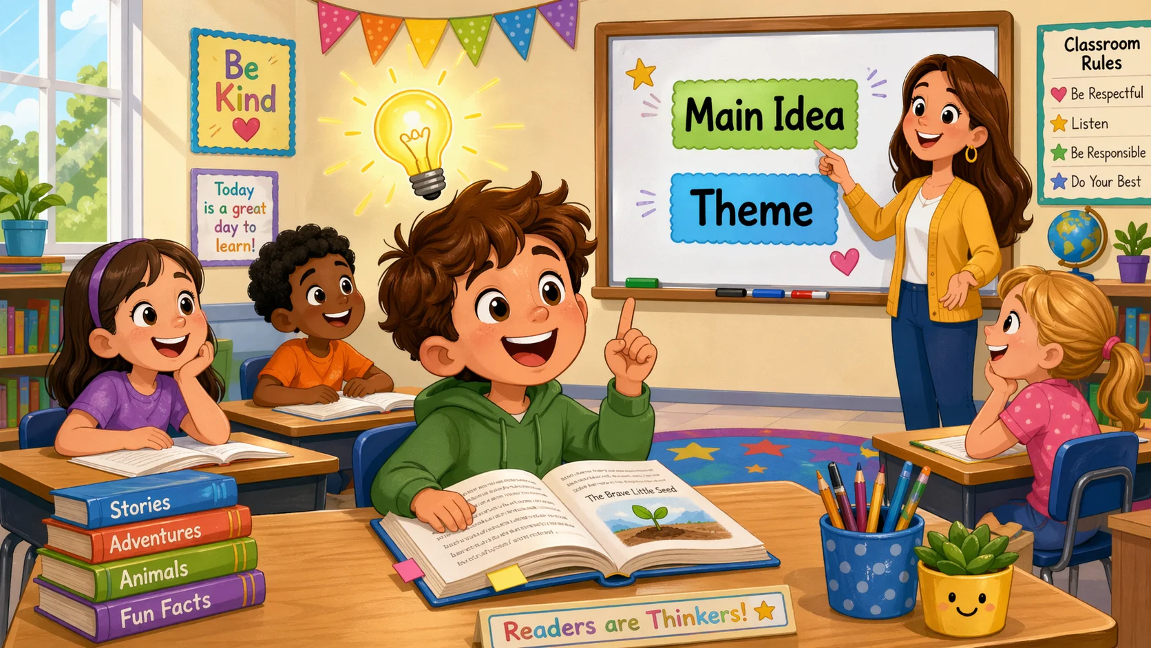 Why main idea vs theme matters for kids in a cheerful reading class.