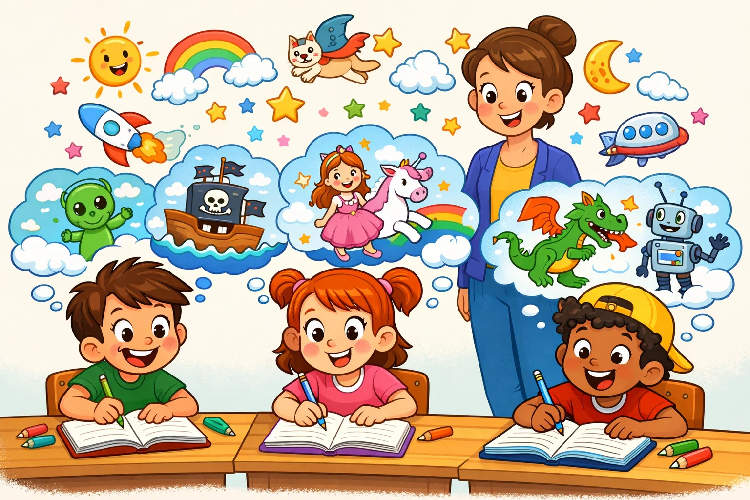  Why metaphors and similes matter for kids in a creative classroom writing scene.
