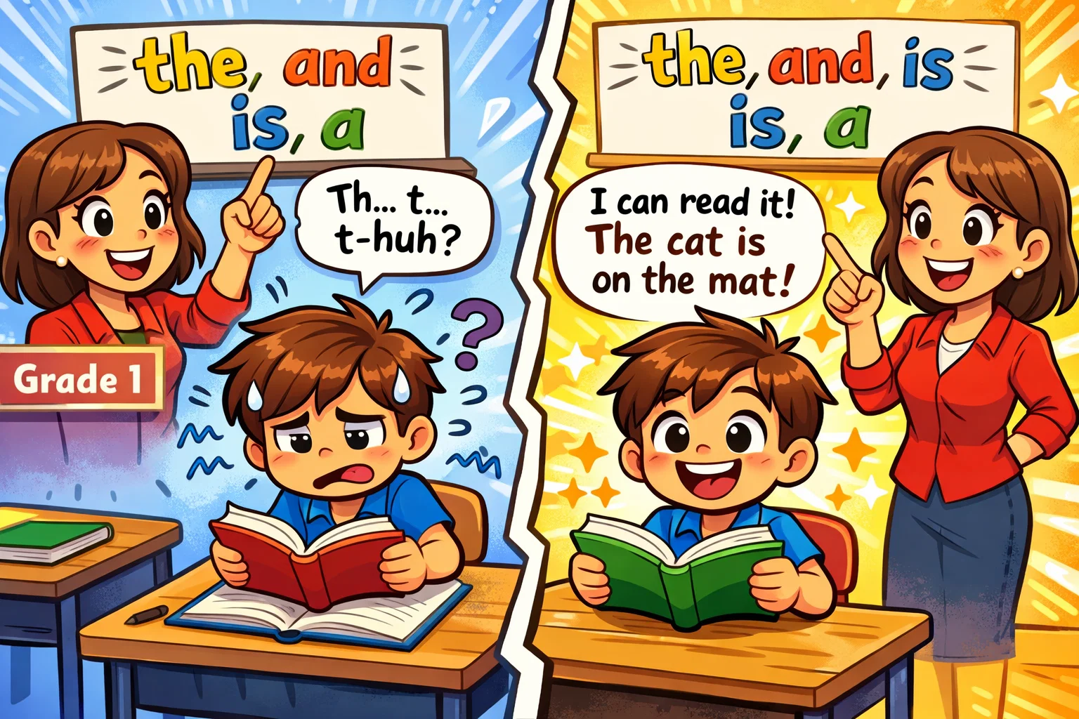  Why sight words matter for Class 1 shown with struggling and confident young reader.
