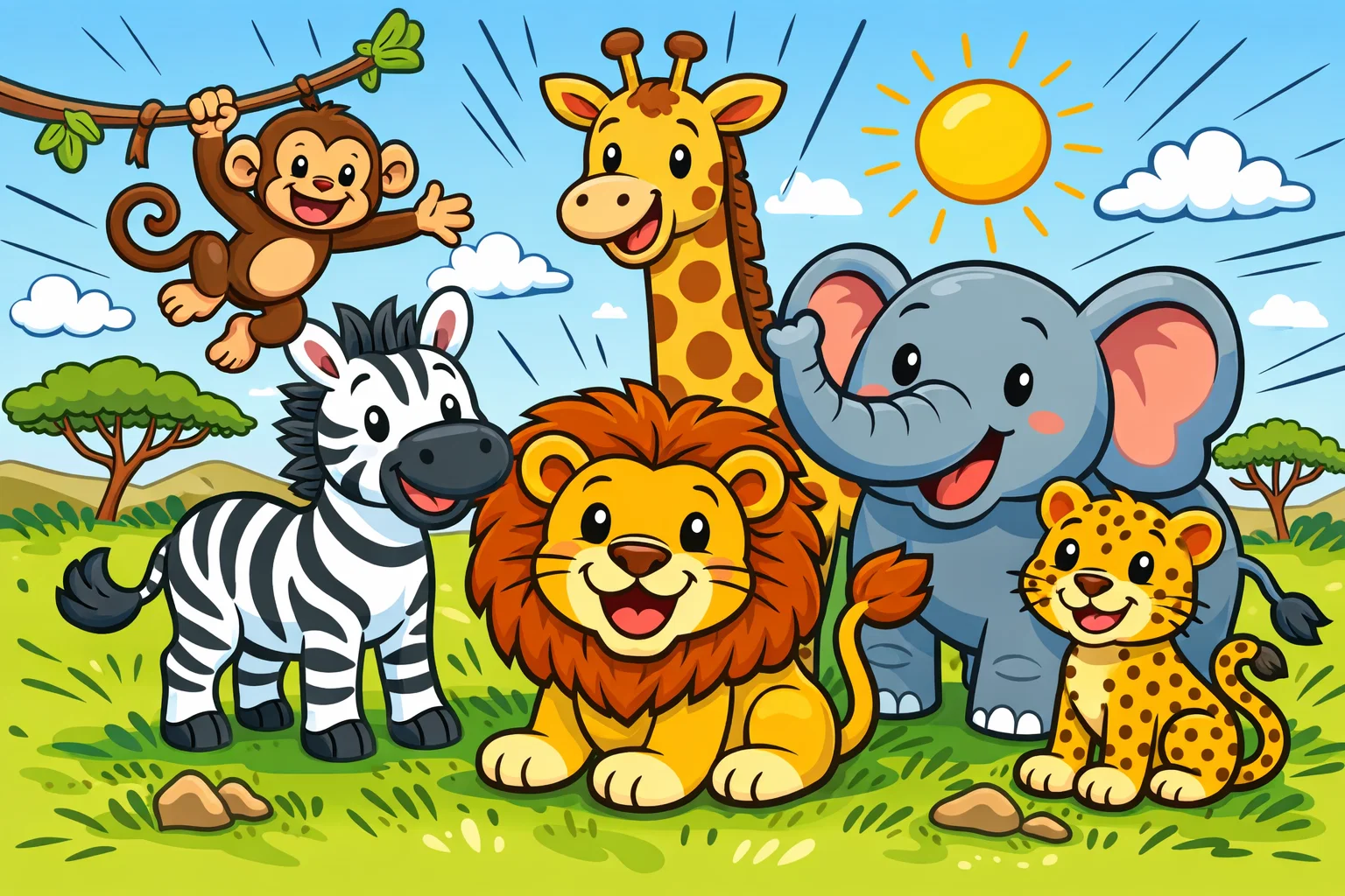 Wild animal facts for kids cartoon with lion, zebra, giraffe, and elephant.
