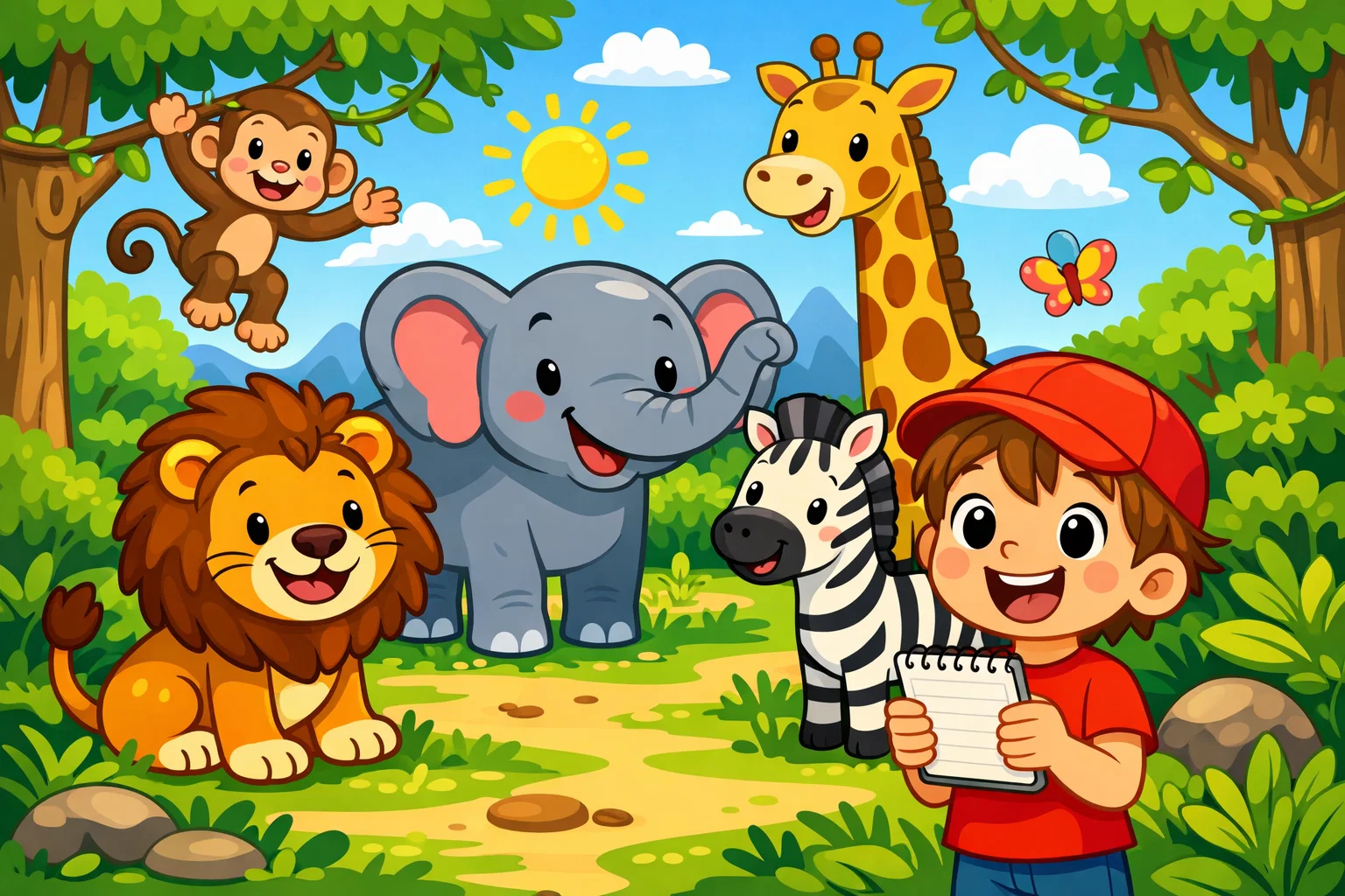 Wild animal names kids image with lion, elephant, giraffe, zebra, and monkey.
