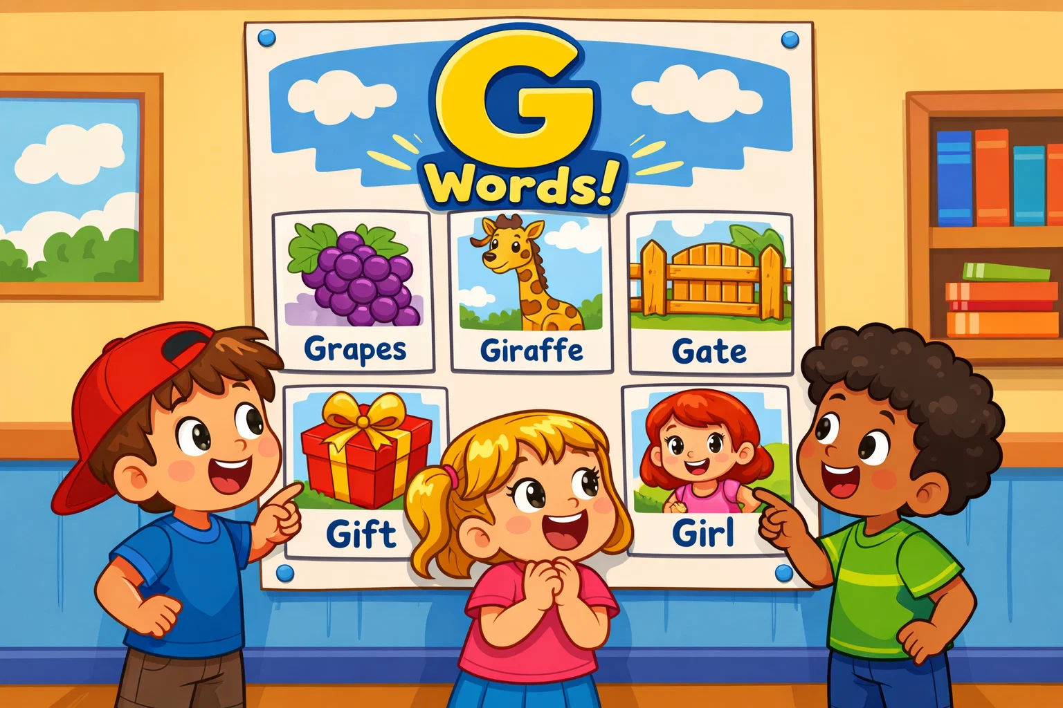 Words that start with G for kids on colorful classroom cards with happy students.
