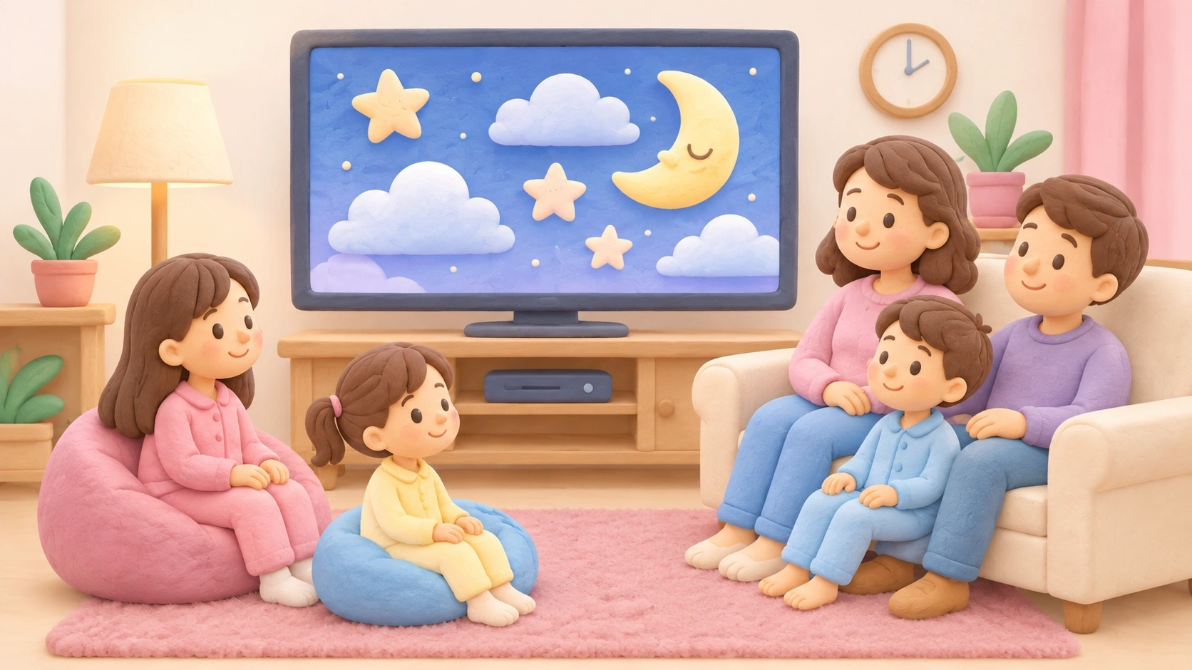 Beruhigende Filme für Kinder, Familie schaut gemeinsam einen Schlafenszeit-Film in einem gemütlichen Cartoon-Wohnzimmer.