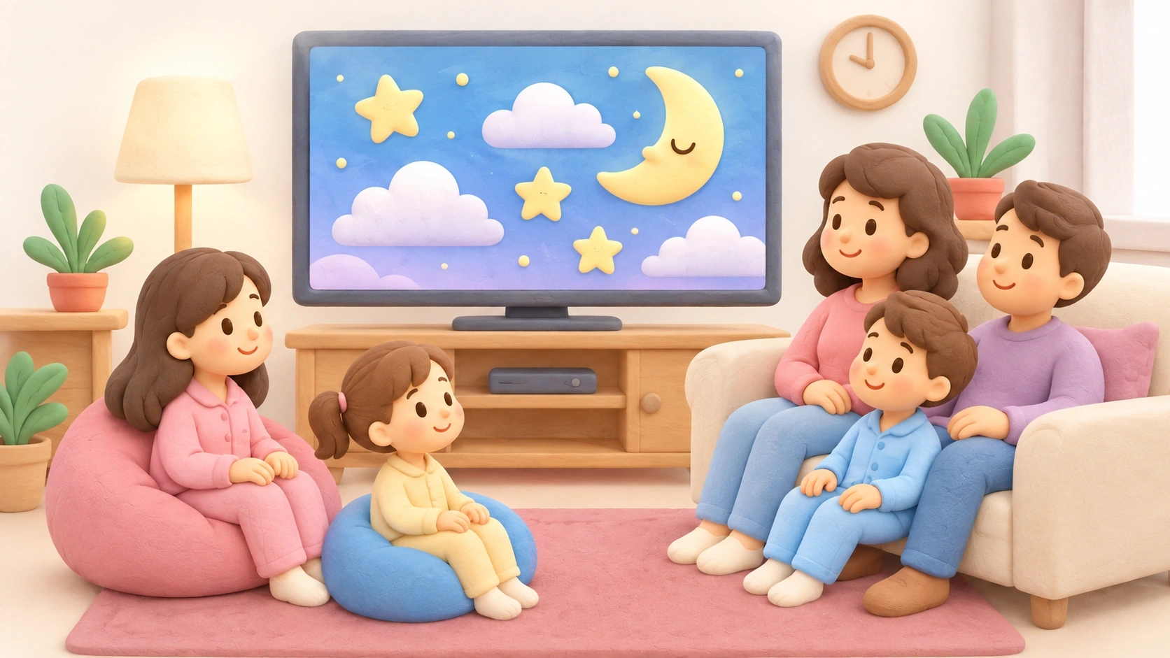 Películas tranquilas para niños, familia viendo una película a la hora de dormir en un acogedor salón de dibujos animados.