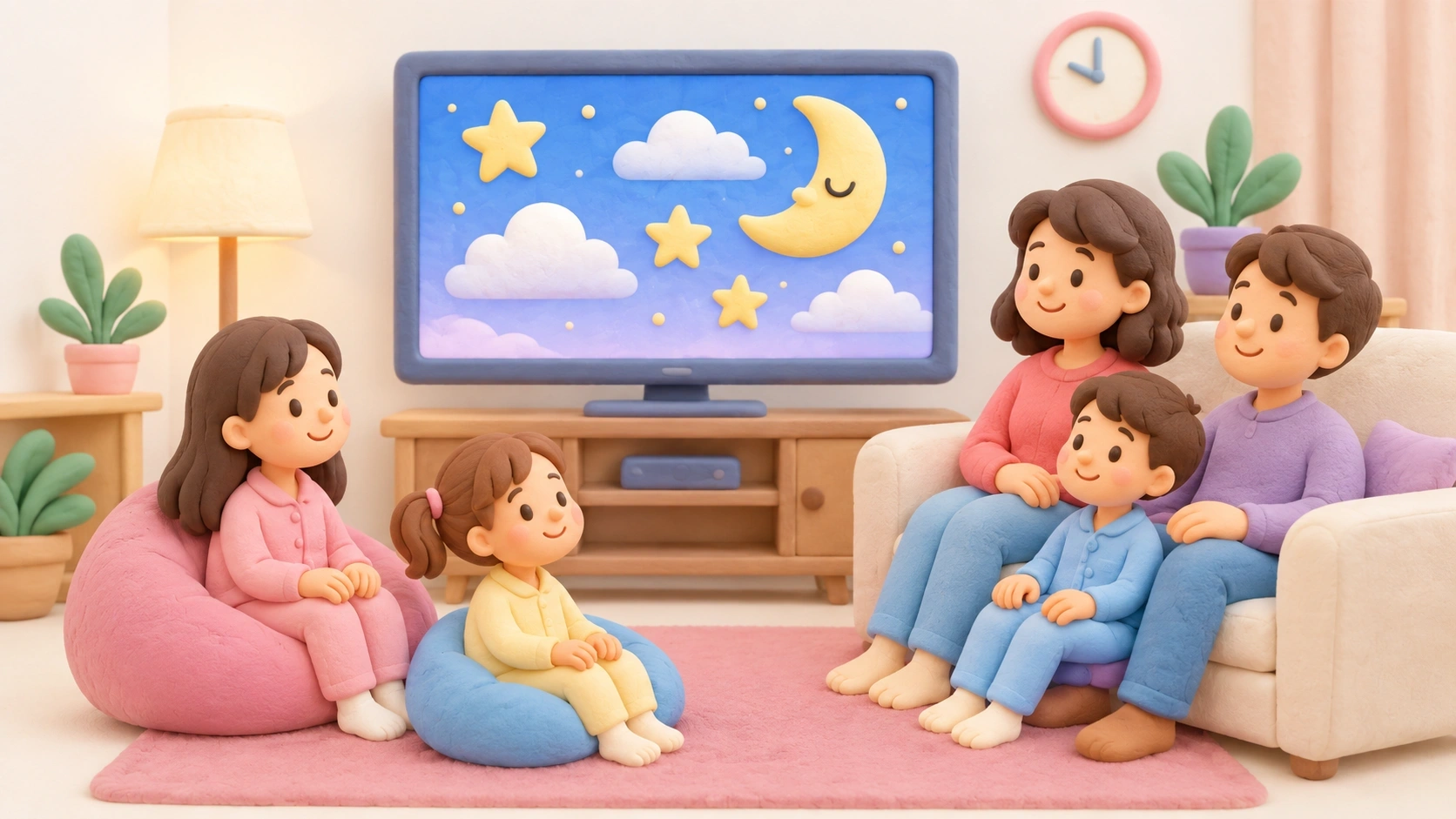 Films apaisants pour enfants, famille regardant un film du soir dans un salon cosy en dessin animé.