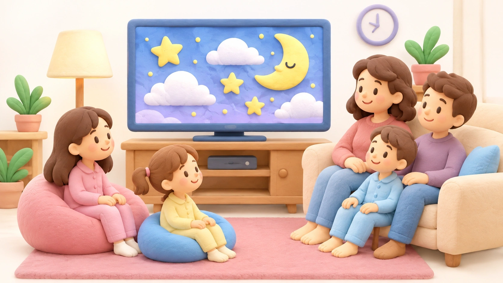 Filmes tranquilos para crianças, família assistindo a um filme na hora de dormir em uma aconchegante sala de estar em estilo cartoon.