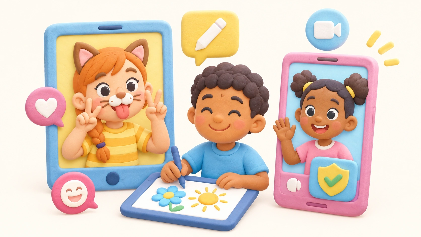 أطفال يتفاعلون بمرح مع تطبيقات آمنة مشابهة لـ Snapchat