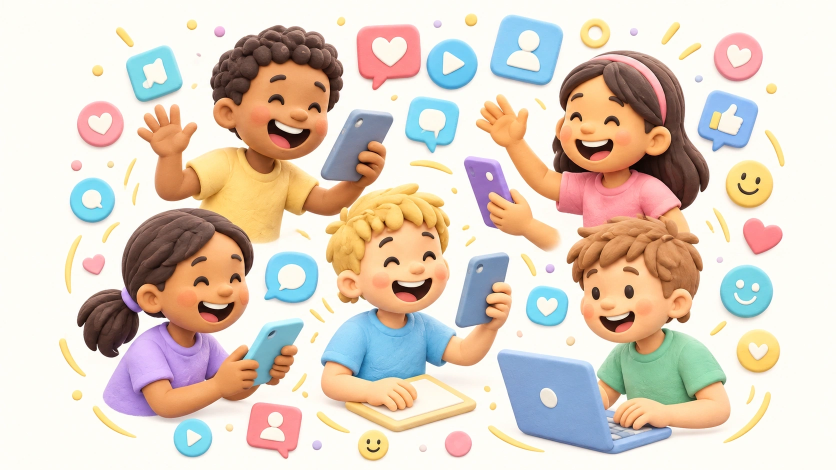 Fröhliche Kinder, die sich begeistert über digitale Geräte austauschen – ein Symbol für Online-Freundschaften und wachsende soziale Netzwerke.