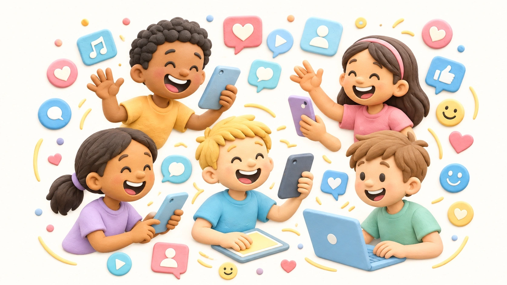 Niños alegres interactuando felizmente a través de dispositivos digitales, simbolizando la amistad en línea y la ampliación de los círculos sociales.