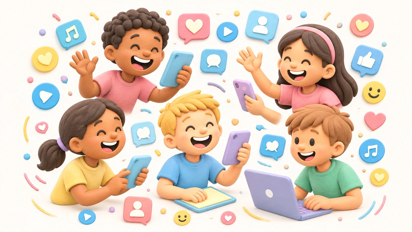 Des enfants joyeux interagissant avec enthousiasme via des appareils numériques, symbole d'amitié en ligne et d'élargissement des cercles sociaux.