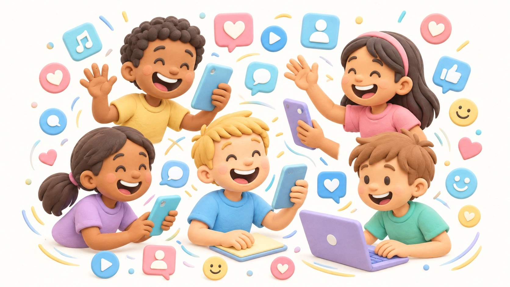 Crianças animadas interagindo felizes por meio de dispositivos digitais, simbolizando amizades online e a ampliação dos círculos sociais.