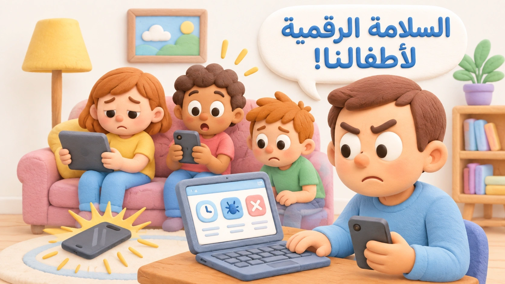 رسوم متحركة لأطفال يستخدمون الأجهزة الإلكترونية وأحد الوالدين يستخدم تطبيق رقابة أبوية.