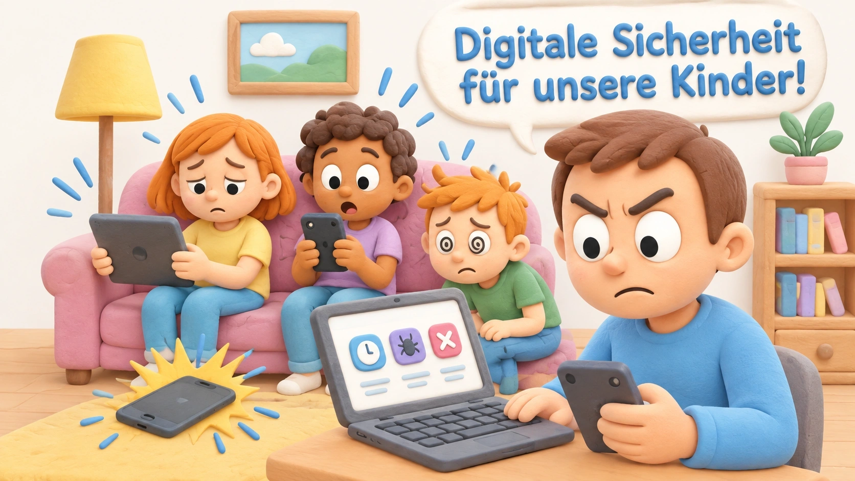 Gezeichnete Kinder mit Geräten und ein Elternteil, das eine Kindersicherungs-App verwendet.