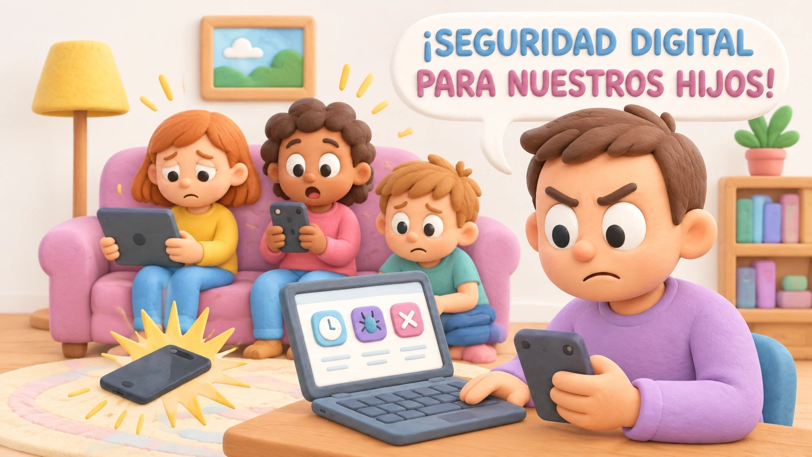 Niños animados con dispositivos y un padre usando una aplicación de control parental.