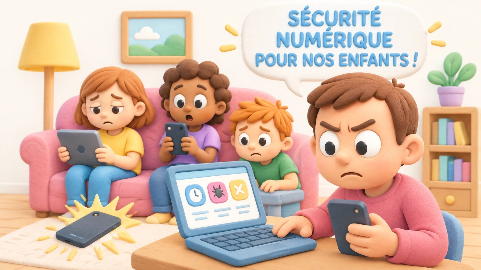 Enfants dessinés avec des appareils numériques et un parent utilisant une application de contrôle parental.