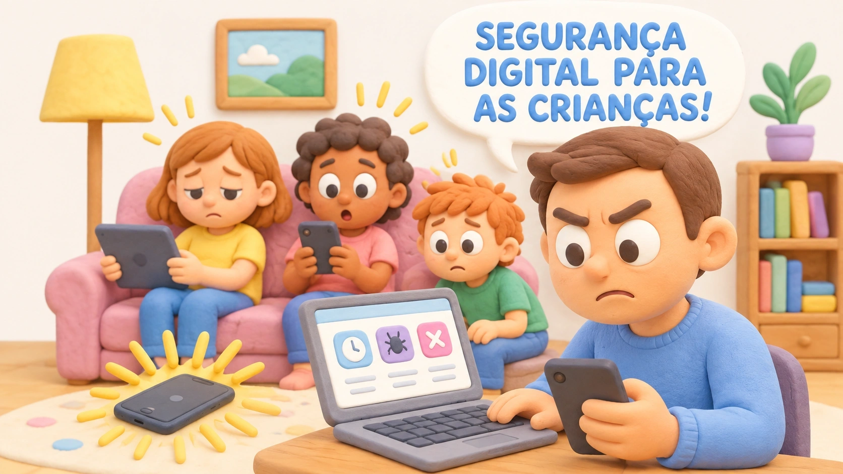 Crianças em desenho animado com dispositivos e um pai usando um aplicativo de controle parental.