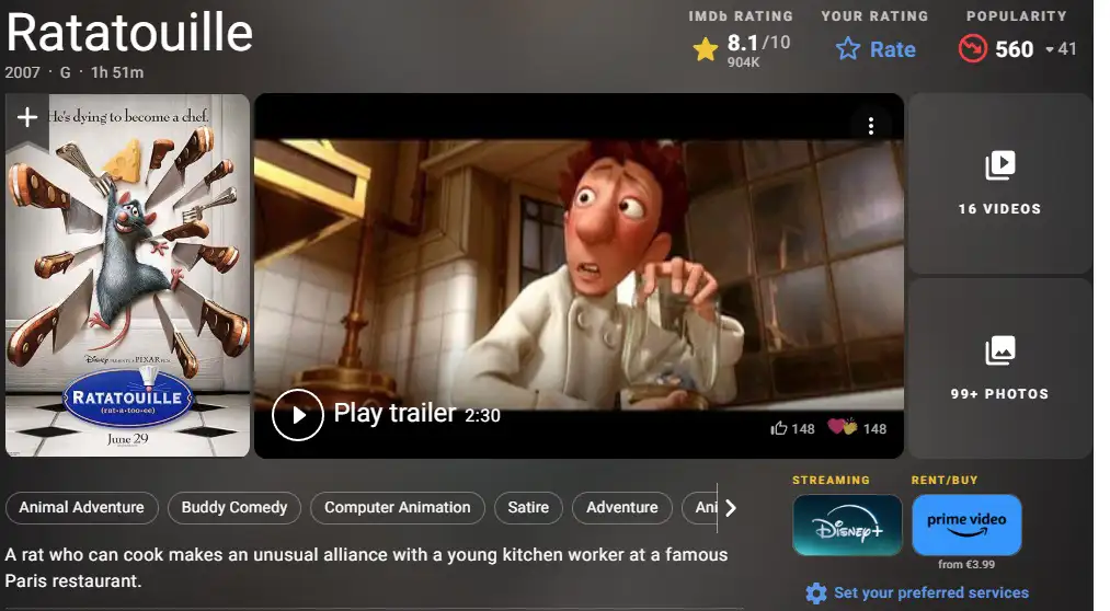 Beruhigende Familienfilmszene aus Ratatouille mit Remy und Linguini in einer Pariser Küche.