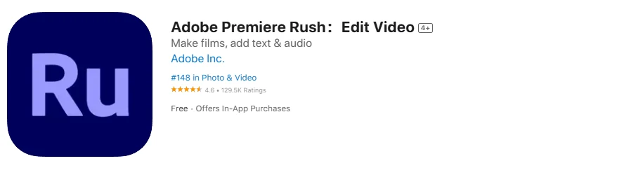 Captura de pantalla de la aplicación Adobe Premiere Rush, un editor de vídeo simplificado para niños mayores.