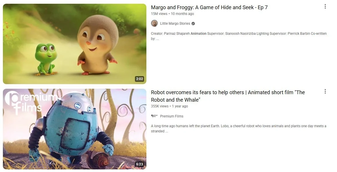 Personajes animados en cortometrajes de un canal de YouTube infantil.