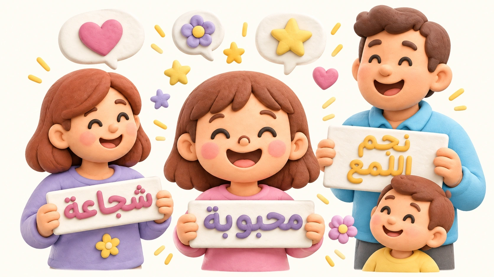 طفلة صغيرة مبتسمة تحيط بها عبارات وكلمات جميلة.