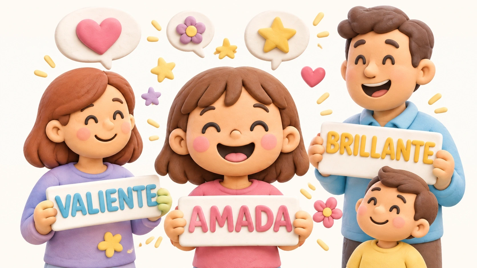 Niña pequeña sonriente rodeada de frases y palabras hermosas.