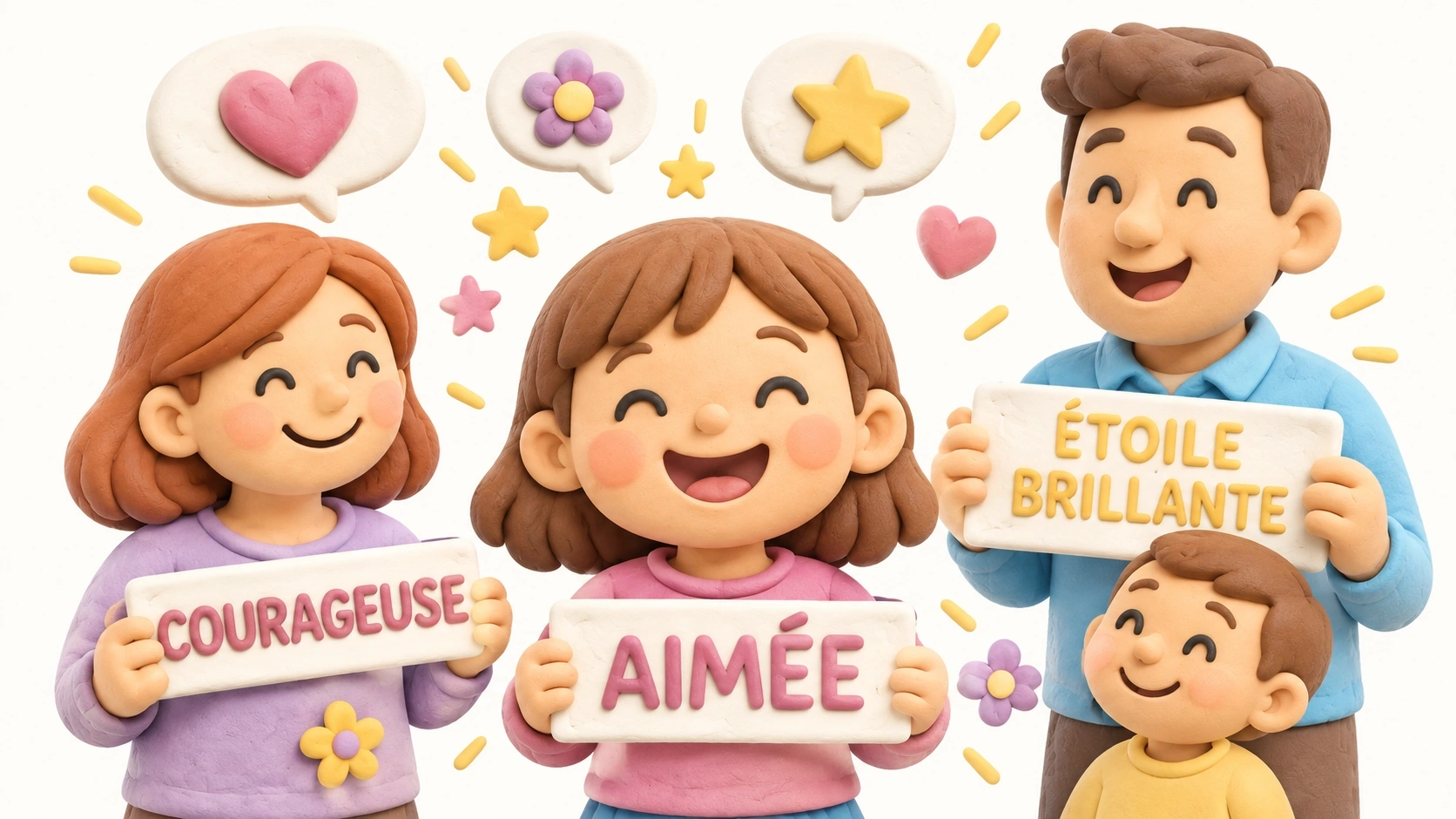 Petite fille souriante entourée de citations et de beaux mots.