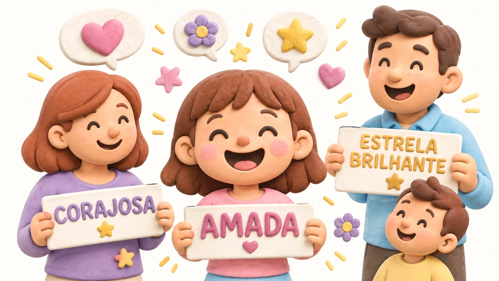 Menina sorridente com frases e palavras bonitas ao redor dela.