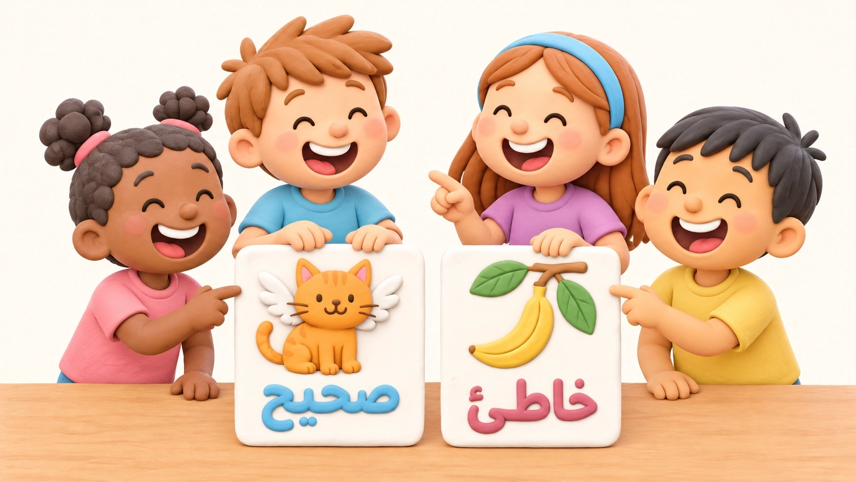 أطفال صغار يجيبون على أسئلة صح أم خطأ السهلة باستخدام بطاقات تعليمية مصورة.