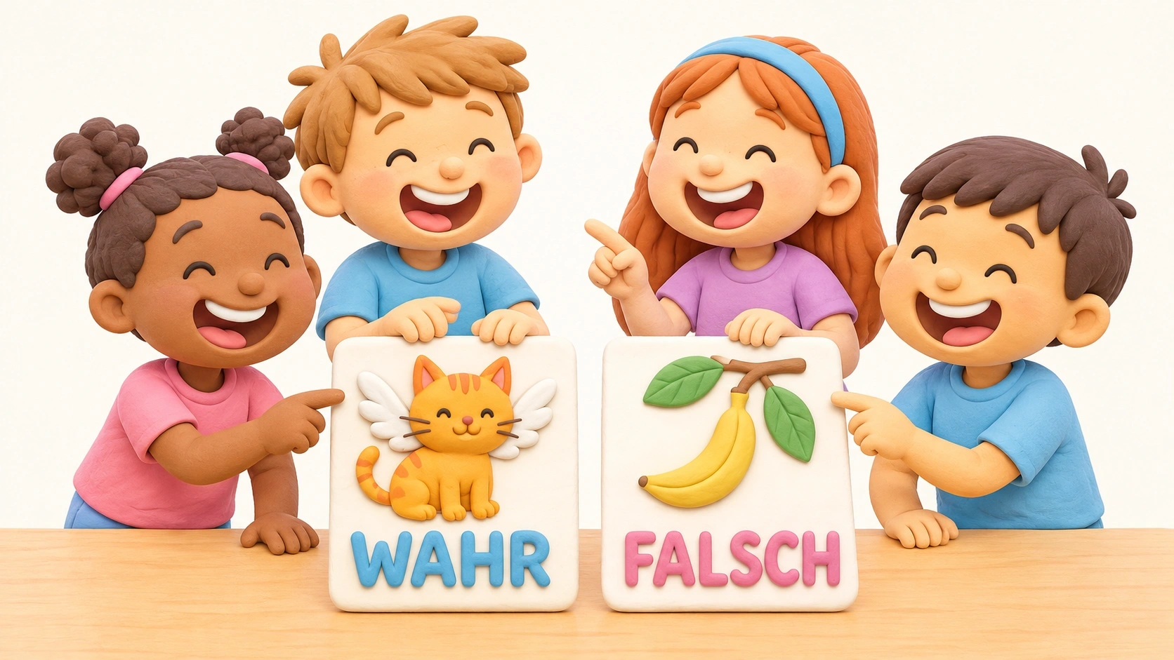 Kleine Kinder beantworten einfache Wahr-oder-Falsch-Fragen mithilfe von Bildkarten.