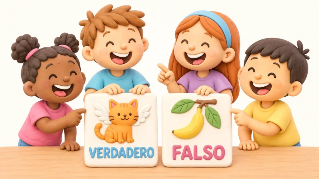Niños pequeños respondiendo preguntas fáciles de verdadero o falso con tarjetas ilustradas.