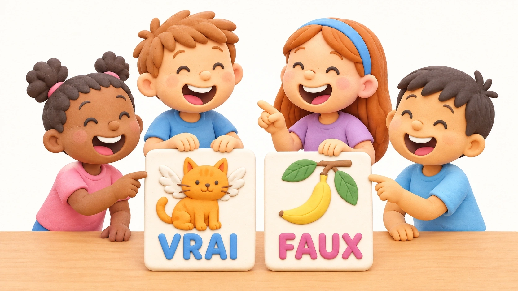De jeunes enfants répondant à des questions vrai ou faux faciles à l'aide de cartes illustrées.