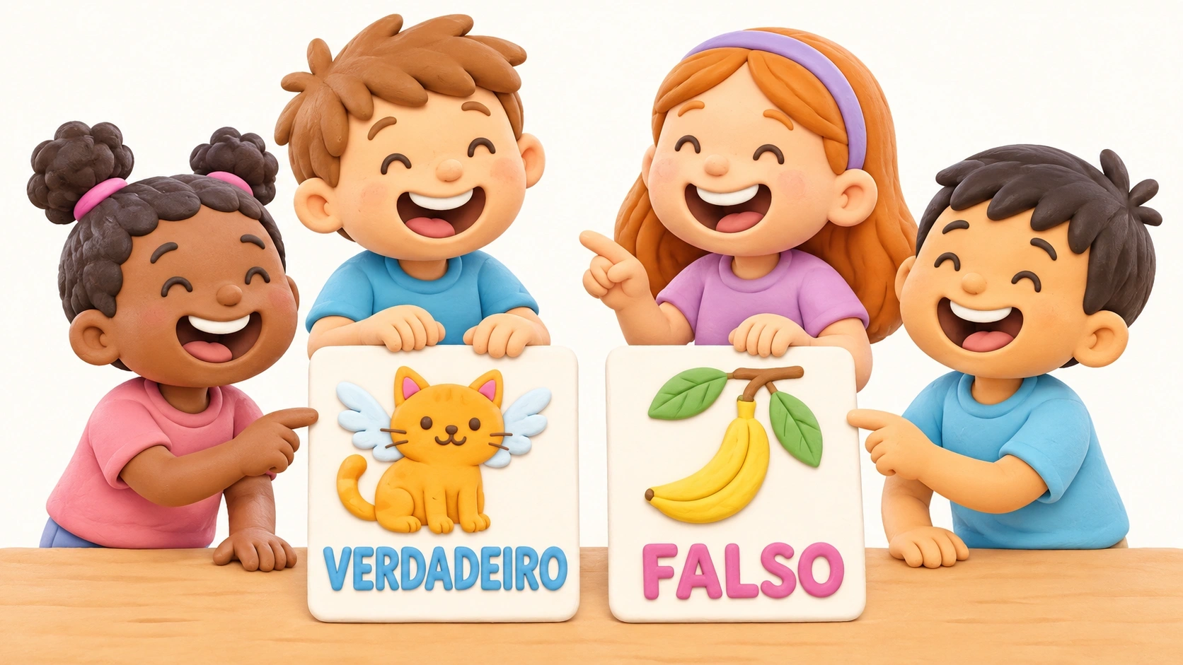 Crianças pequenas respondendo perguntas fáceis de verdadeiro ou falso com cartões ilustrados.