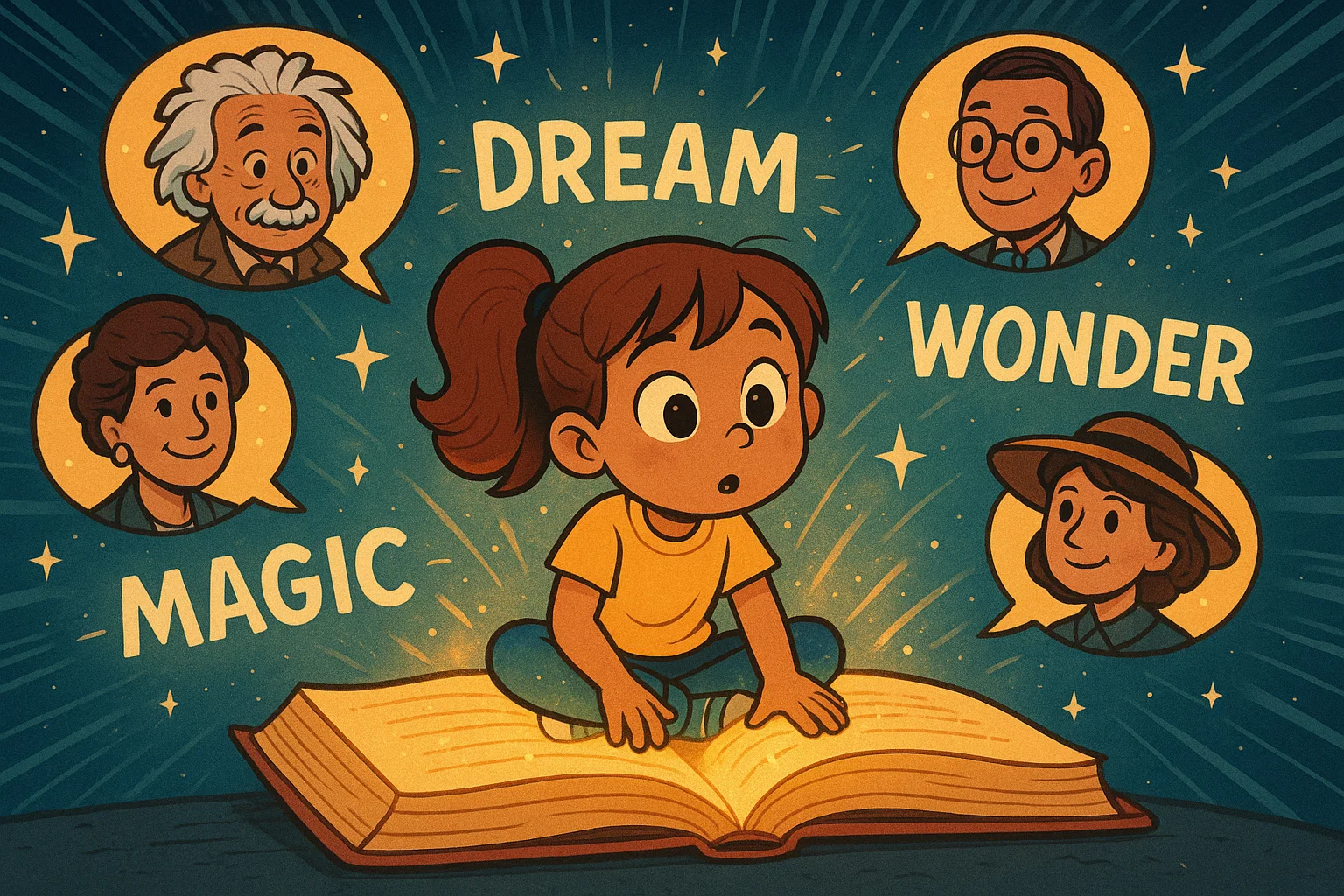 Menina animada sobre um livro com citações inspiradoras ao redor dela.