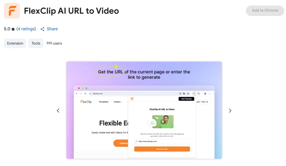 Captura de pantalla del sitio web de FlexClip, un editor de video en línea para niños.
