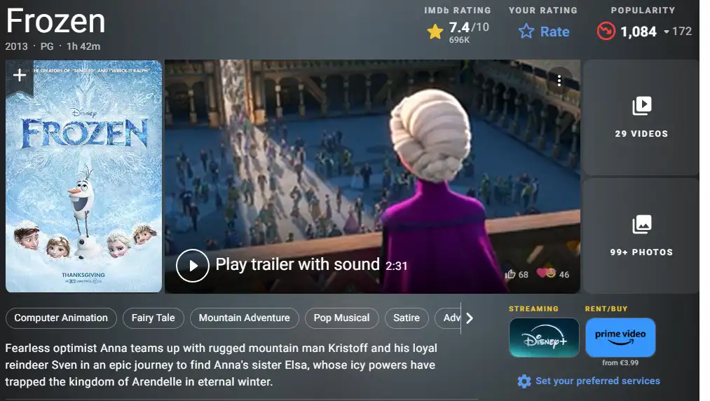 Beruhigendes Gutenacht-Film-Bild aus Die Eiskönigin mit Elsa und einer Szene aus Arendelle.