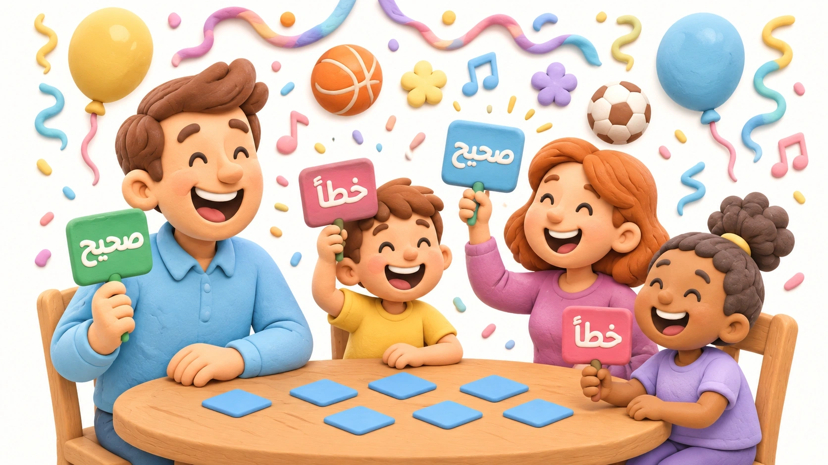 عائلة تلعب أسئلة صح أم خطأ الممتعة للأطفال في ليلة الألعاب.