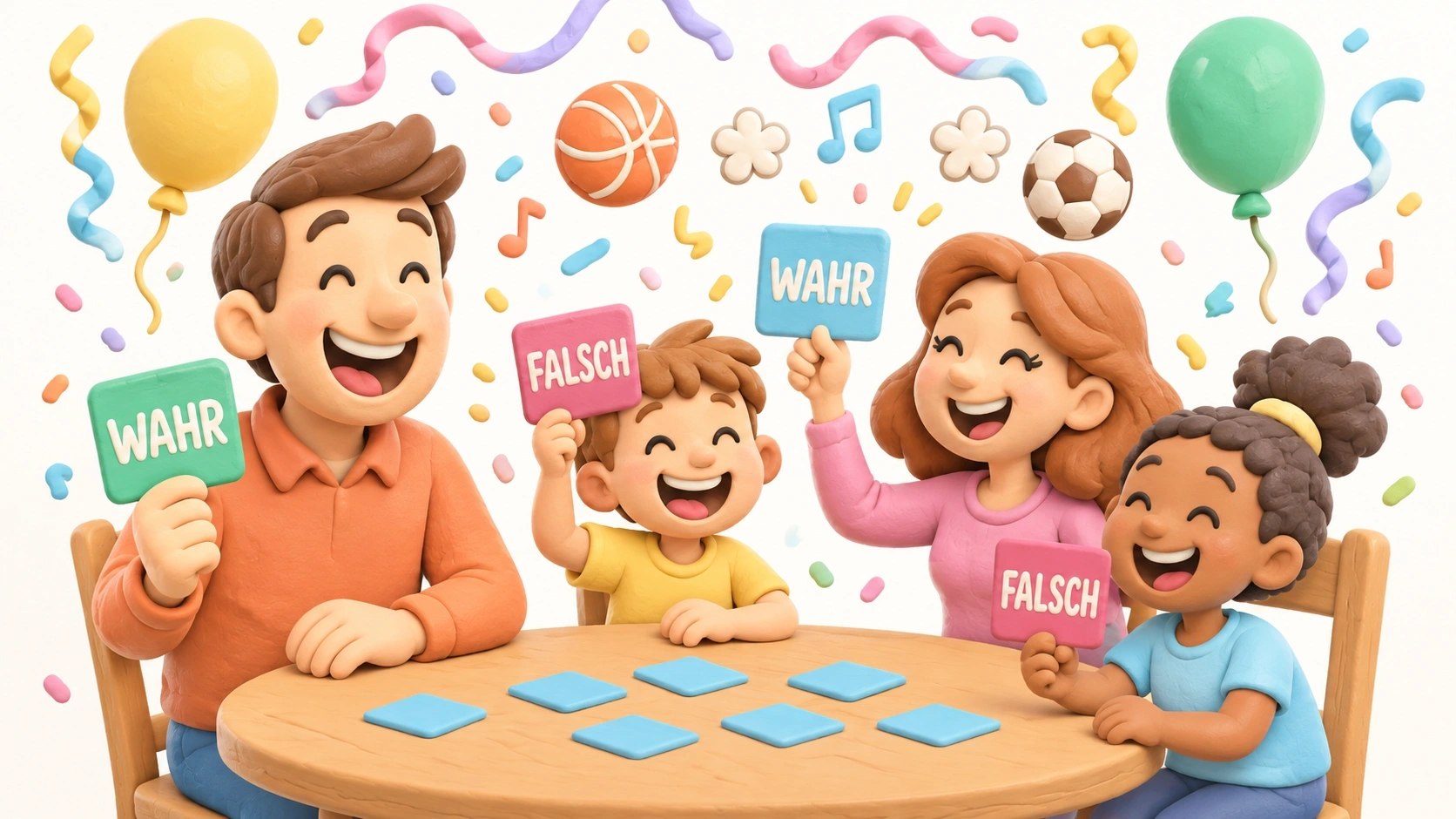 Eine Familie spielt beim Spieleabend lustige Wahr-oder-Falsch-Fragen für Kinder.