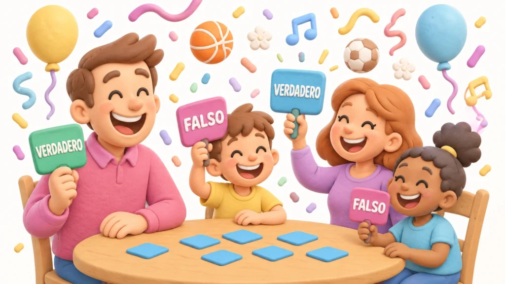 Una familia jugando preguntas de verdadero o falso en la noche de juegos.