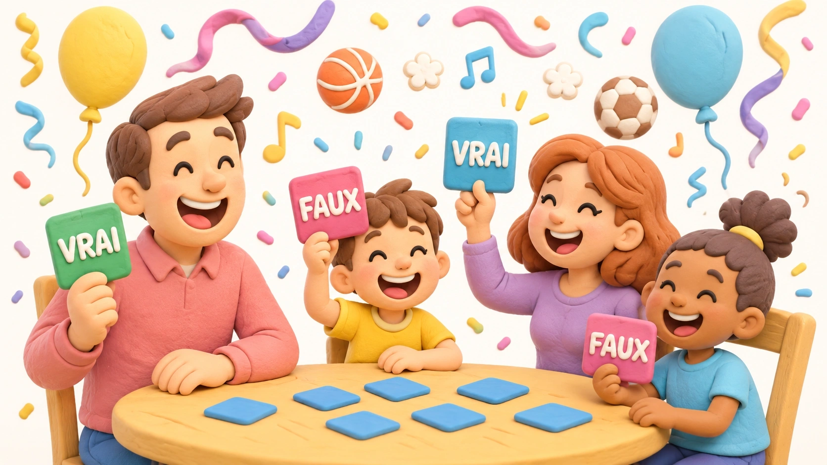 Une famille qui s'amuse avec des questions vrai ou faux pour enfants lors d'une soirée jeux.