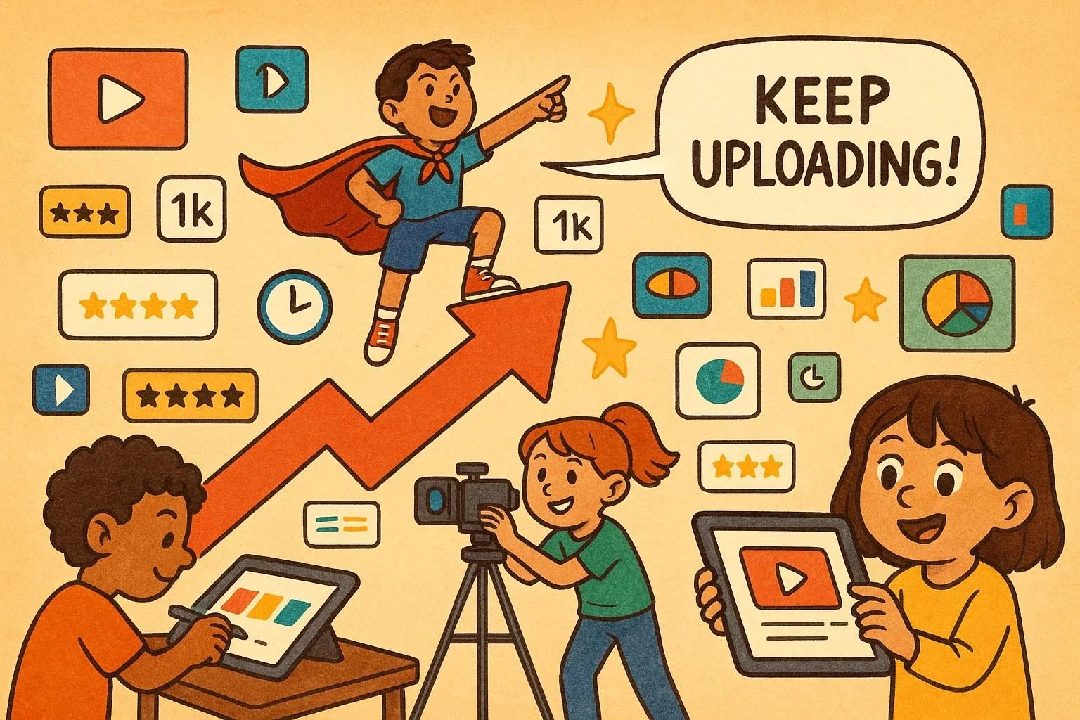 Kinder planen das Wachstum eines YouTube-Kanals mit Upload- und Analyse-Symbolen