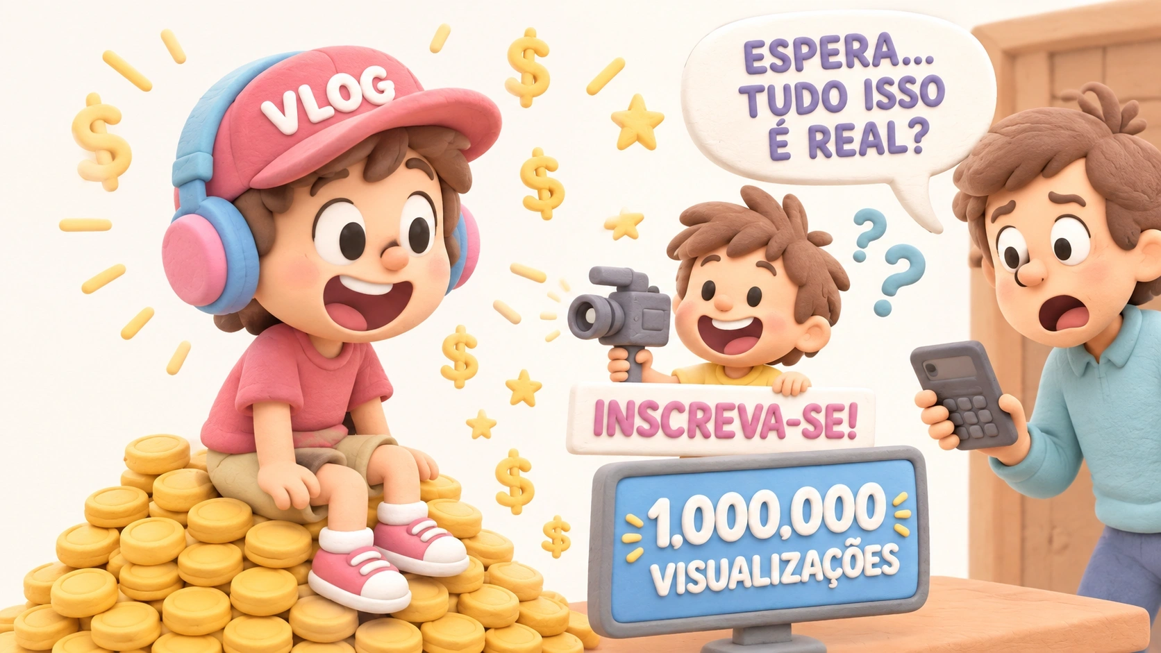 Crianças aprendendo sobre como ganhar dinheiro com visualizações e ganhos em canais do YouTube.