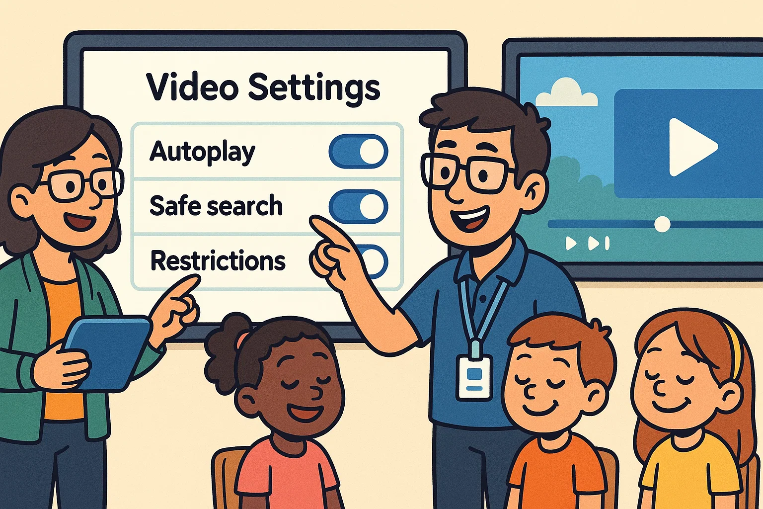 Docentes configurando ajustes de vídeo para aplicar alternativas a YouTube en el aula de manera segura.