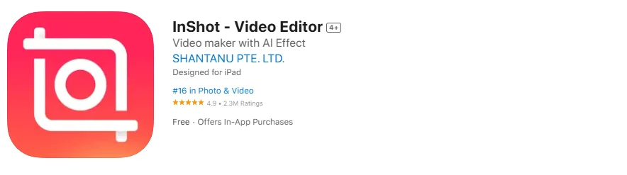 Captura de pantalla de la aplicación InShot, un editor de vídeo móvil para niños con herramientas sencillas.