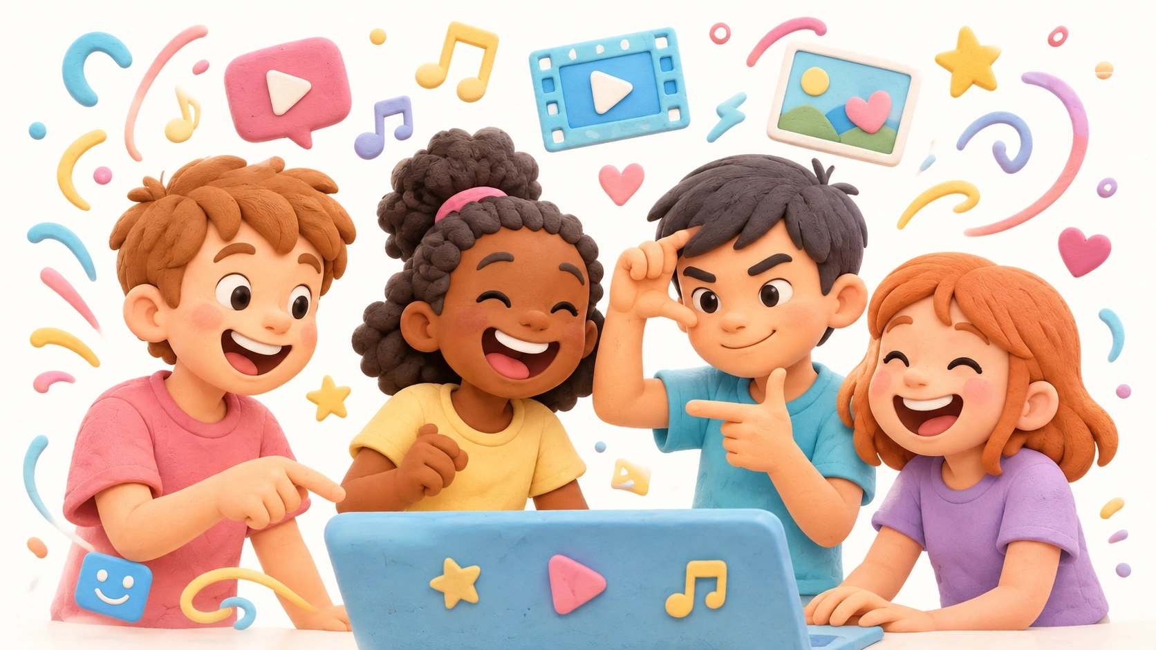 Eine Cartoon-Illustration von Kindern, die gemeinsam auf einem Tablet Videos erstellen.
