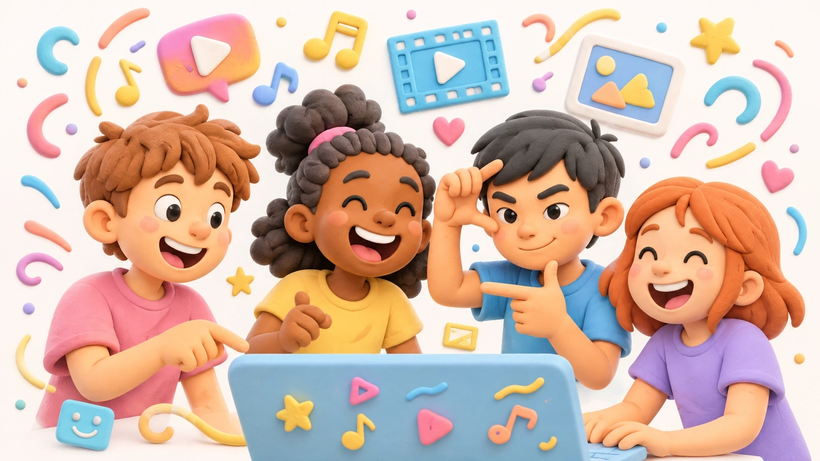 Ilustración animada de niños creando videos juntos en una tableta.