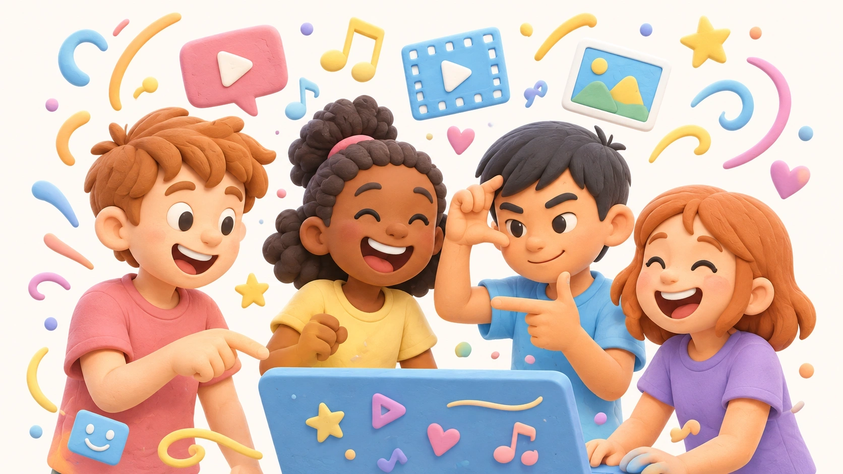 Illustration animée d'enfants créant des vidéos ensemble sur une tablette.