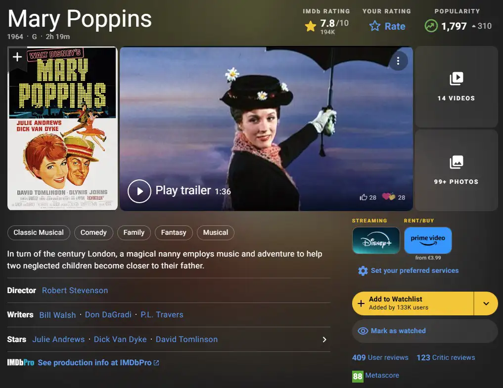 Scène du film musical apaisant Mary Poppins (1964) avec Julie Andrews tenant un parapluie.