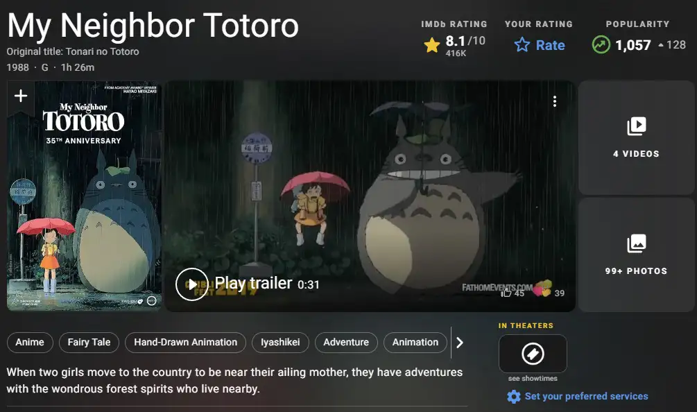 Escena de la tranquila película Mi Vecino Totoro con Totoro y las niñas bajo paraguas bajo la lluvia.